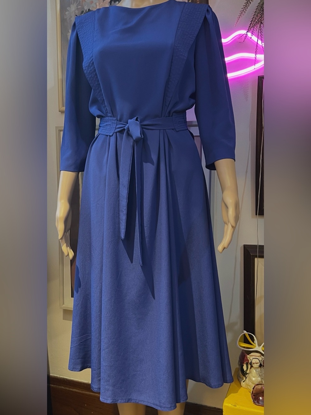 80s Vintage New Wave A-line Midi Dress w Tie Belt - Cobalt Blue